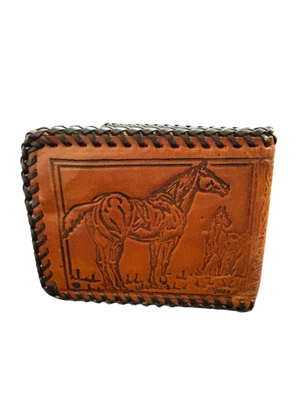 Vintage Tolled Leather Wallet Hand Laced Edges Horse Pony Western Rustic Clean